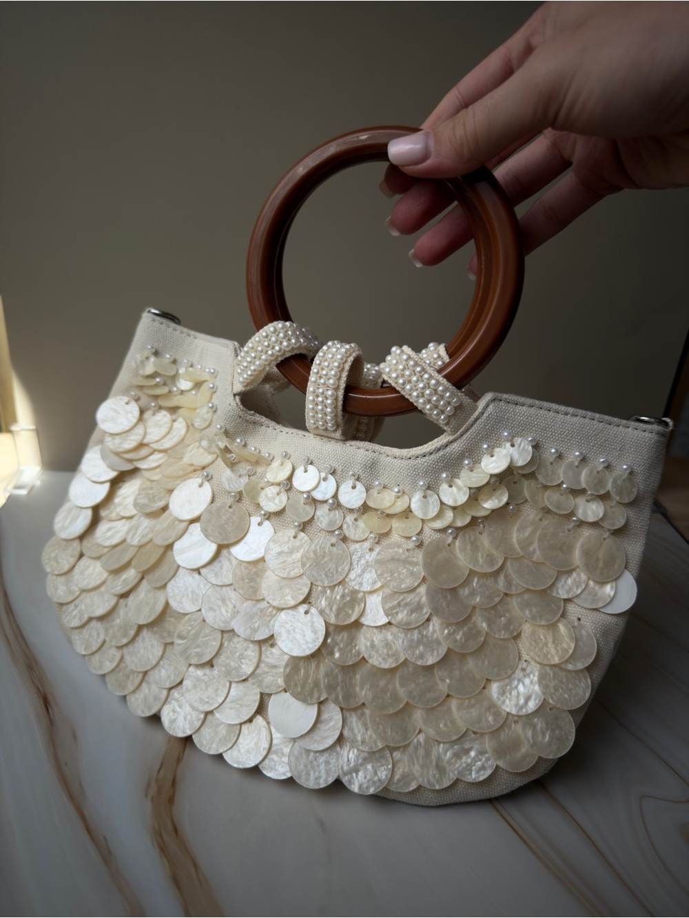 Pearl-Embellished Cream Tote Handbag